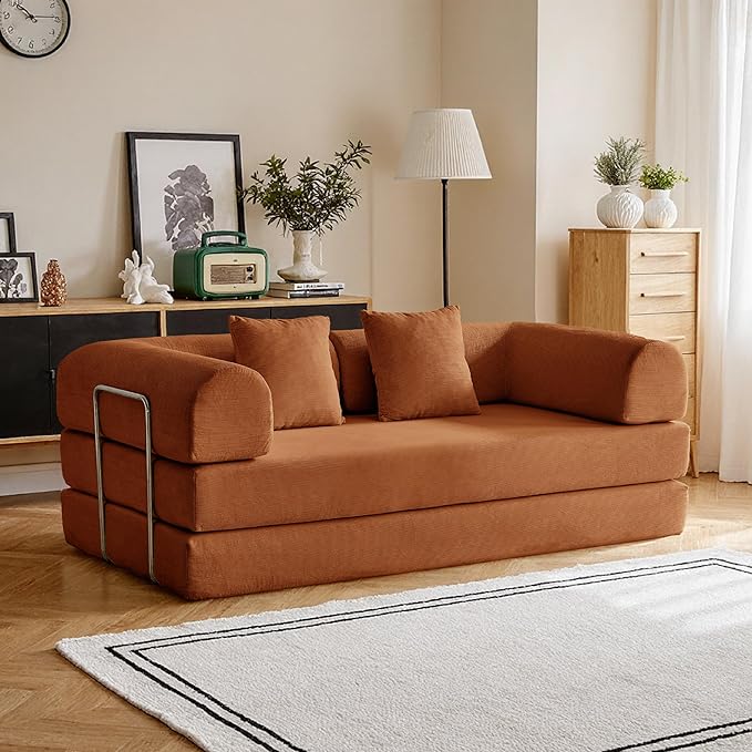 79'' Convertible Compressed Corduroy Folding Cloud Sofa Bed, 5 in 1 Modern Modular Boneless Pull Out Loveseat Sleeper in a Box, No Assembly Floor Futon Couch for Living Room, Orange, Pillows, King