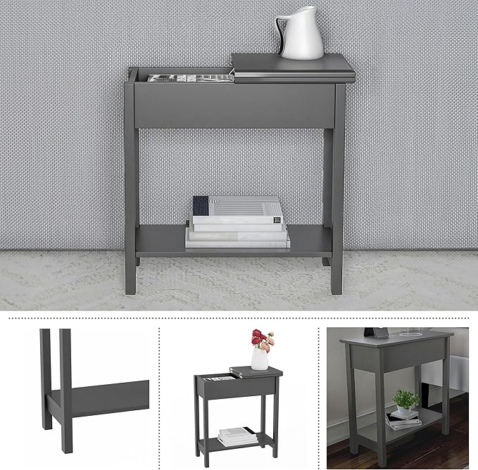 Lavish Home Flip Top End Table – Set of 2 Living Room End Tables with Hidden Hinged Storage Compartment and Lower Shelf (Gray)