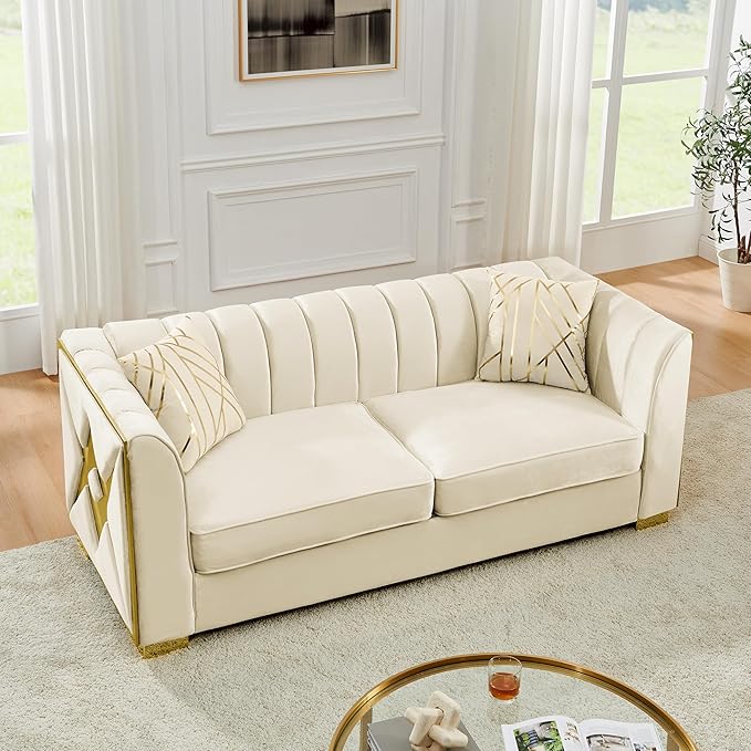 KEIKI 81" Luxury Oversized Velvet Chesterfield Sofa with 2 Pillow & Gold Stainless Decoration, Mid-Century Style 3-Seater Button Tufted Couch with Square Arms, Easy Assembly, for Living Room, Beige