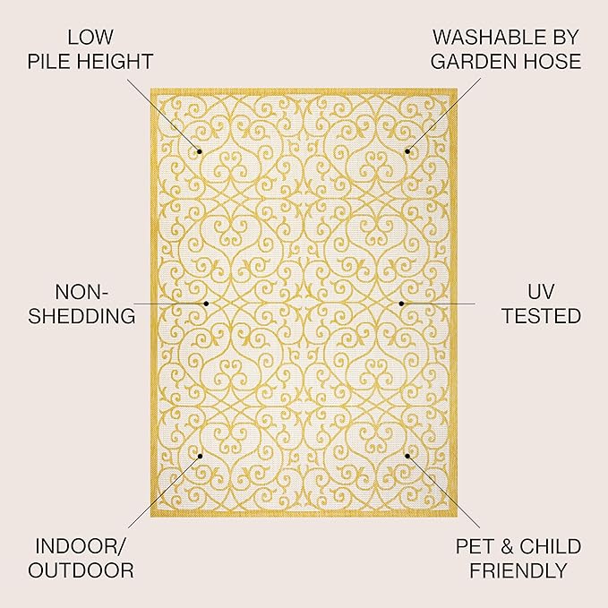JONATHAN Y Vintage Filigree Indoor Outdoor Area Rug 8X10 Cream/Yellow, Madrid Textured Weave for Backyard, Patio, Porch, Easy-Cleaning, High Traffic, Pet-Friendly, Non-Shedding (SMB107D-8)