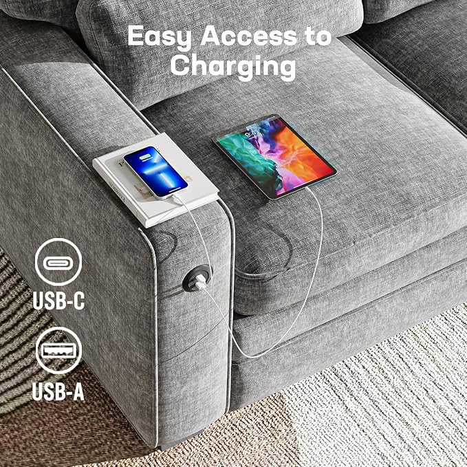 Marsail Pull Out Sofa Bed, Full Size Sleeper Sofa with Memory Foam Mattress, 2 USB Charging and Removable Covers, Loveseat for Living Room, Apartment, Supports 600 LBS, Chenille Fabric, Grey