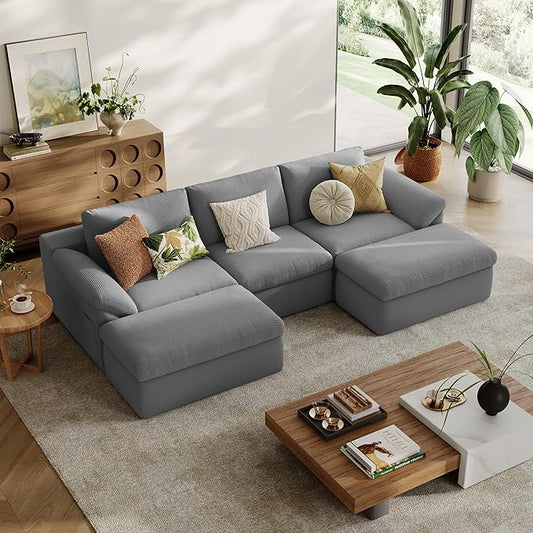 LINSY HOME 109" Modular Couch Modern Boneless Cloud Couch, U Shaped Sofa with Movable Ottomans, Deep Seat Corduroy Sectional Couches for Living Room, Apartment, No Assembly Required, Grey