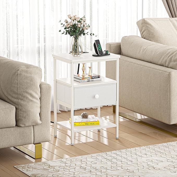 VECELO Nightstands with Charging Station Set of 2,End Tables with Storage Shelf&Fabric Drawer,Bedside Table for Bedroom,Living Room,Small Spaces,White