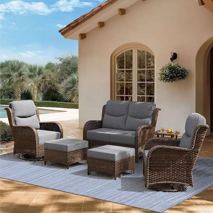 High Back Outdoor Furniture with Extra Thick Cushion Patio Swivel Rocking Chairs, Comfort Loveseat, 6PCS Oversized Wicker Conversation Set for Porch, Deck, Yard in Dark Gray