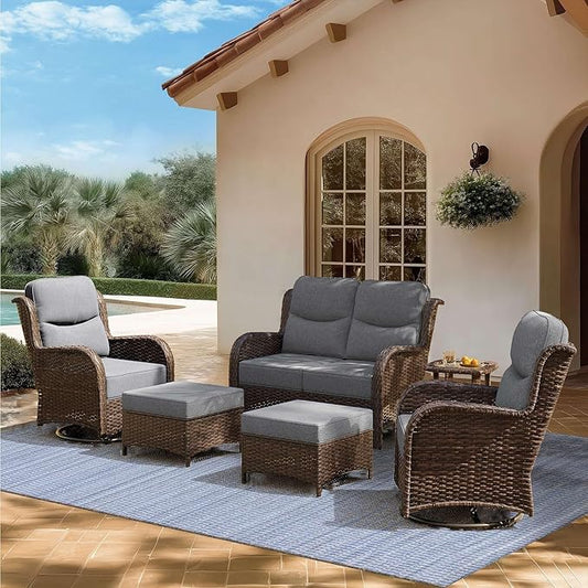 High Back Outdoor Furniture with Extra Thick Cushion Patio Swivel Rocking Chairs, Comfort Loveseat, 6PCS Oversized Wicker Conversation Set for Porch, Deck, Yard in Dark Gray