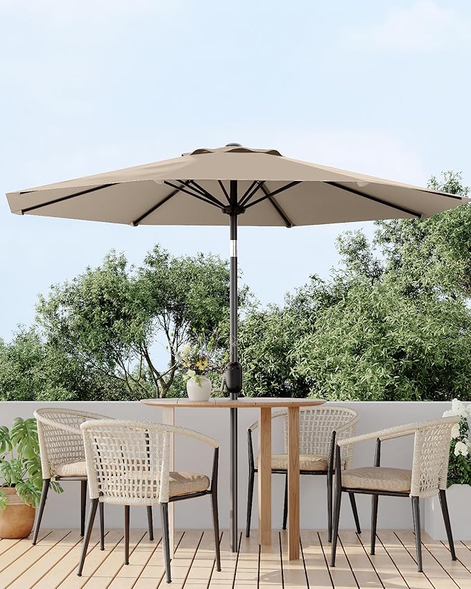 GarveeLife 9FT Outdoor Patio Umbrella, Outdoor Table Umbrella, Market Umbrella With Push Button Tilt and Crank, 8 Sturdy Ribs UV Protection Waterproof for Garden, Deck, Backyard, Pool, Tan