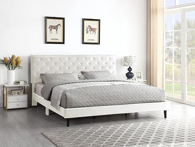 King Upholstered Platform Bed Frame with 48" Tall Adjustable Headboard - Button Tufted Suede Velour Bed- Wood Slat Support with Storage Space- No Box Spring Needed - Beige - OLIVER & SMITH - Princeton