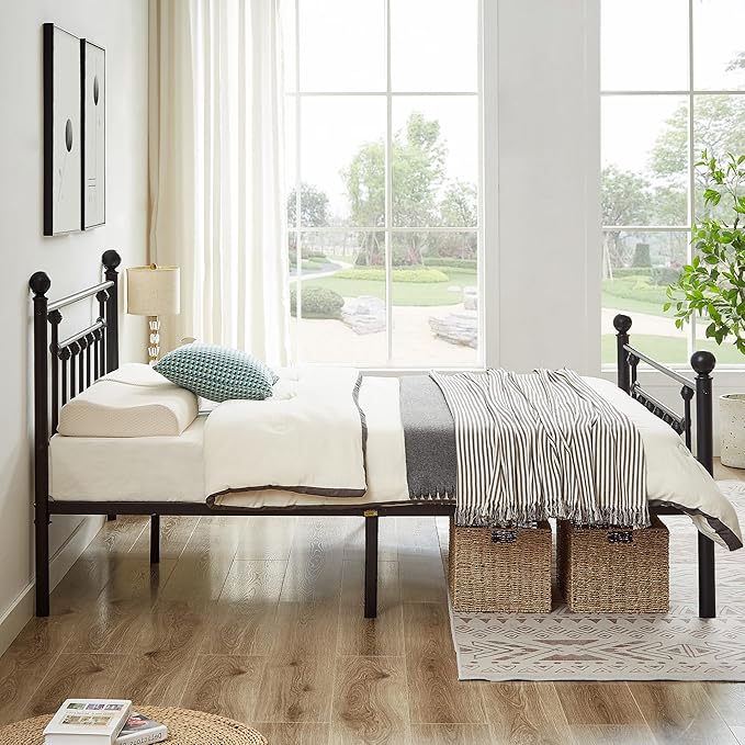 VECELO Queen Size Metal Platform Bed Frame with Headboard,No Box Spring Needed/Mattress Fundation/Victorian Vintage Style