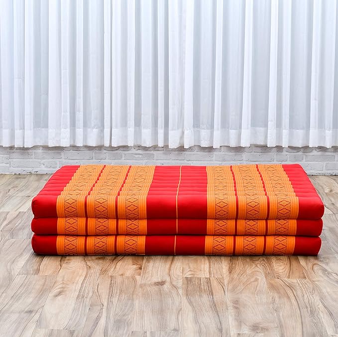 Leewadee Trifold Mattress XL – Comfortable Thai Massage Pad, Foldable Relaxation Floor Mattress Filled with Kapok, Perfect to Use as a Sleeping Mat 79 x 39 inches, Orange Red