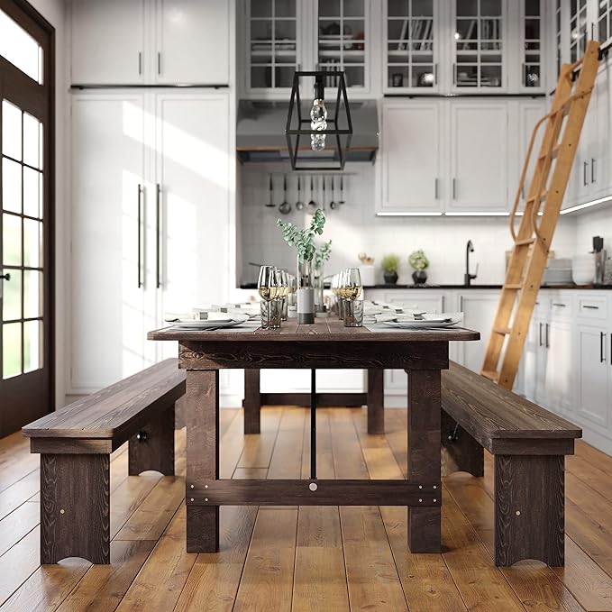 Flash Furniture Hercules Commercial Grade Farmhouse Dining Table | Solid Pine Foldable Table for 10 in Antique Rustic Mahogany | Rustic Charm for Home and Events