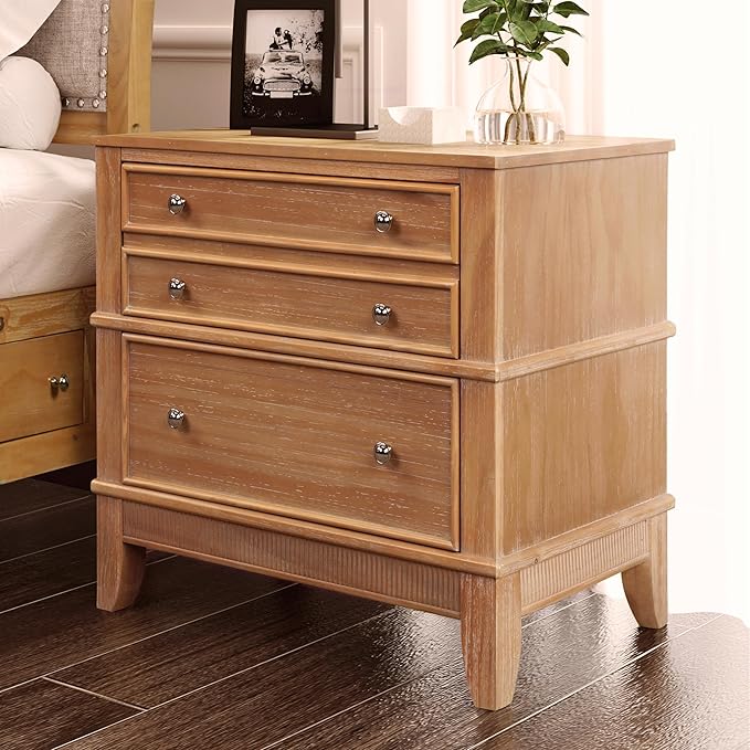 Merax Wooden Hazel 3-Drawer Nightstand, Mid-Century Modern Night Stand with Storage Drawers, Bed Sofa Side End Table, Dressers Organizer Vertical Storage Tower Tables for Bedroom & Living Room, Brown