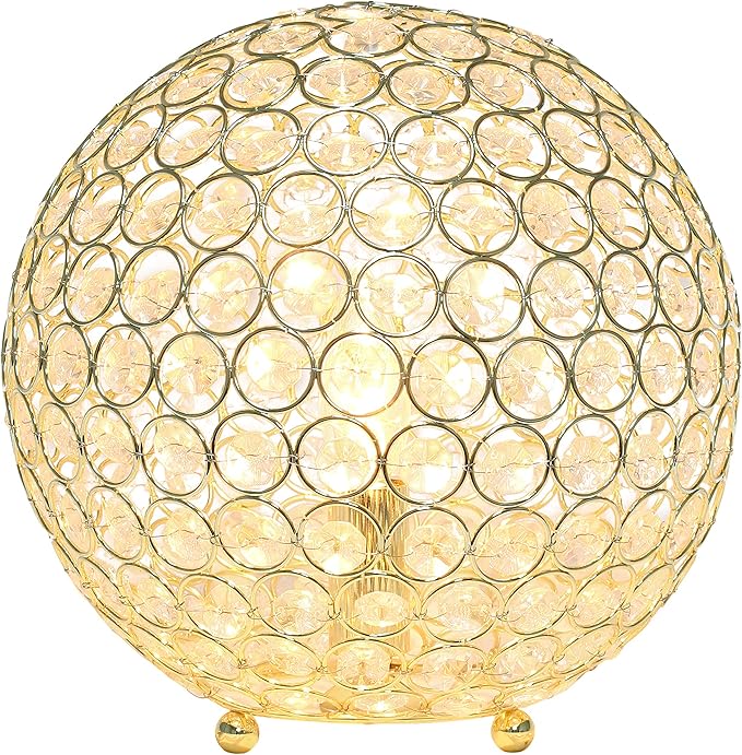 Elegant Designs LT1067-GLD 10" Elipse Crystal Collection Metal Crystal Ball Sequin Table Desk Lamp for Accent Lighting, Décor, Living Room, Gold