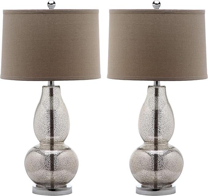 SAFAVIEH Lighting Collection Mercurio Antique Silver/ Wheat Brown Shade 29-inch Bedroom Living Room Home Office Desk Nightstand Table Lamp Set of 2 (LED Bulbs Included)
