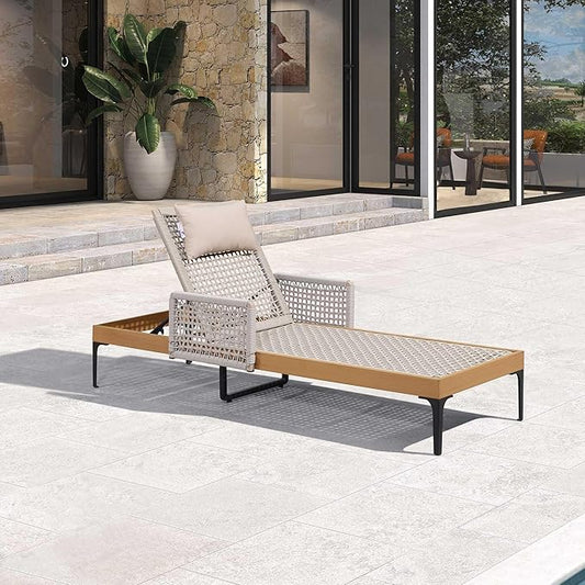 PURPLE LEAF 1 Piece Outdoor Chaise Lounge Rattan Wicker Lounger with Arms Poolside Furniture Adjustable Recliners Patio Lounge Chair for Beach Yard Garden Balcony, Teak