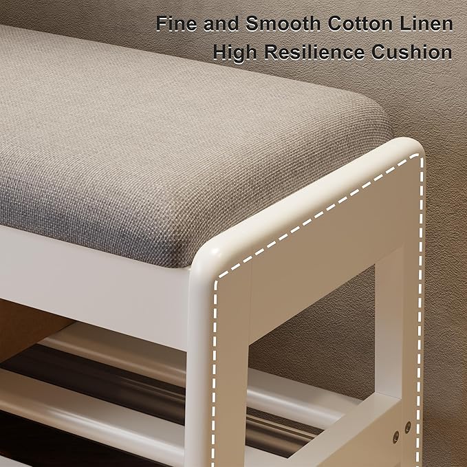 AQIMUELE Shoe Rack Bench,2 Tiers Shoe Bench with Storage with Flip-Top,Wood Shoe Rack for Entryway,Hallway（White Upholstered Seat）