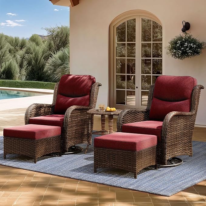 High Back Outdoor Furniture with Extra Thick Cushion Patio Swivel Rocking Chairs, 5PCS Oversized Comfort Wicker Conversation Set for Porch, Deck, Yard in Burgundy