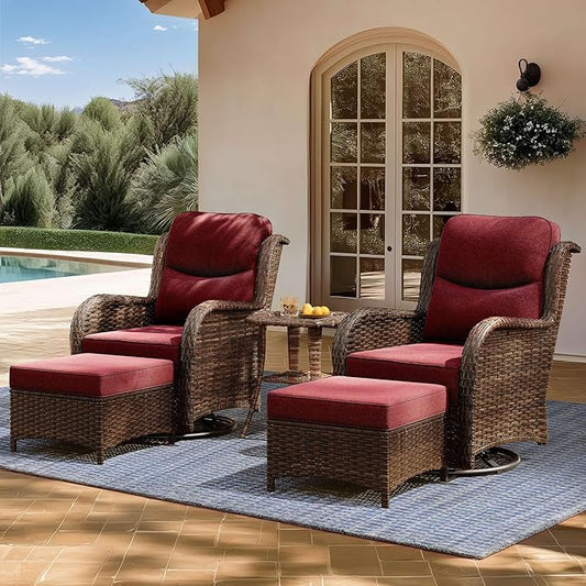 High Back Outdoor Furniture with Extra Thick Cushion Patio Swivel Rocking Chairs, 5PCS Oversized Comfort Wicker Conversation Set for Porch, Deck, Yard in Burgundy