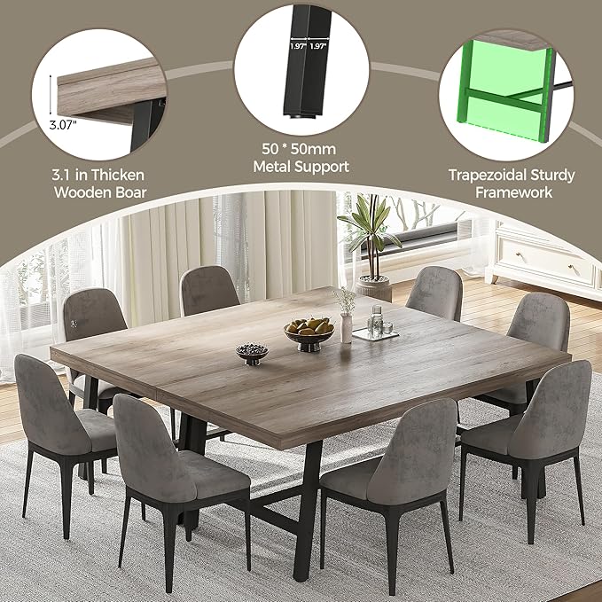 70 Inch Farmhouse Dining Table for 6 to 8, Large Rectangular Dinner Table for Dining Room, Home Office, Living Room, Gray