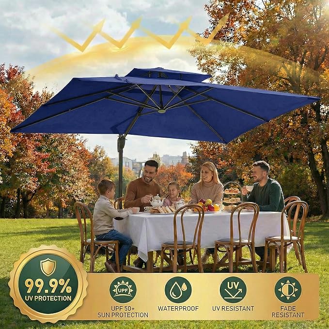 Hoteel 10ft Patio Umbrella Heavy Duty Aluminum Windproof & Shade Provision Outdoor Cantilever Double Top Offset Large Umbrella with 360°Rotation for Patio Pool Deck Gazebo, Dark Blue