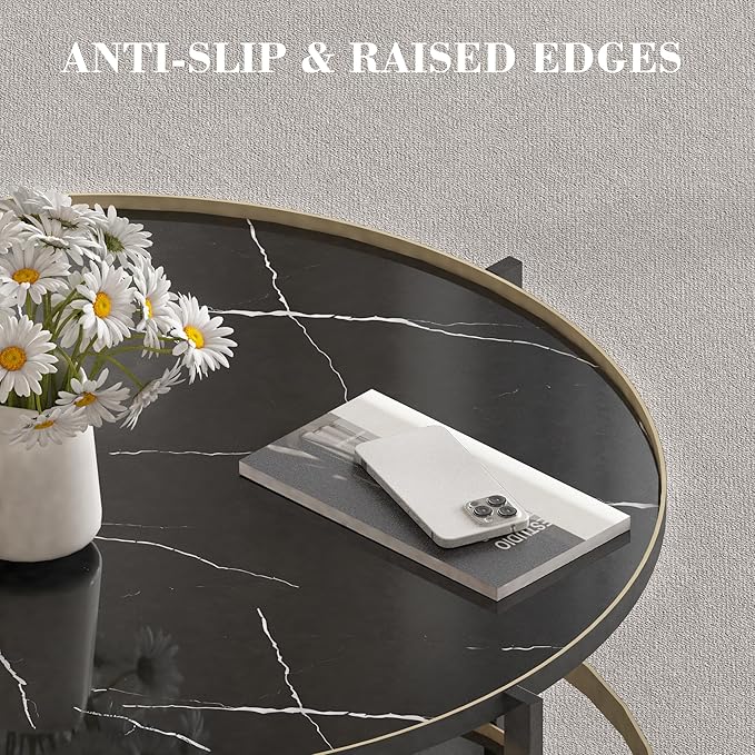 Round Coffee Table with Wheels & 2-Tier Design Black Marble-Textured Top, Sturdy Metal Frame & Premium Baked Paint Finish for Living Room, Balcony, Home - Easy Assembly - 31.5"x19.7"