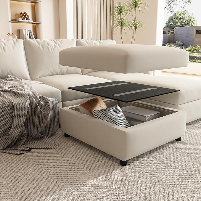 Ball & Cast 123" Large Sleeper Sectional Sofa Bed with Full Storage Seats,Corner Spacious Cloud Sofa W/Ottoman,Flexible Combination,Oversize 6 Piece Cozy Modular Chaise for LivingRoom,White Chenille