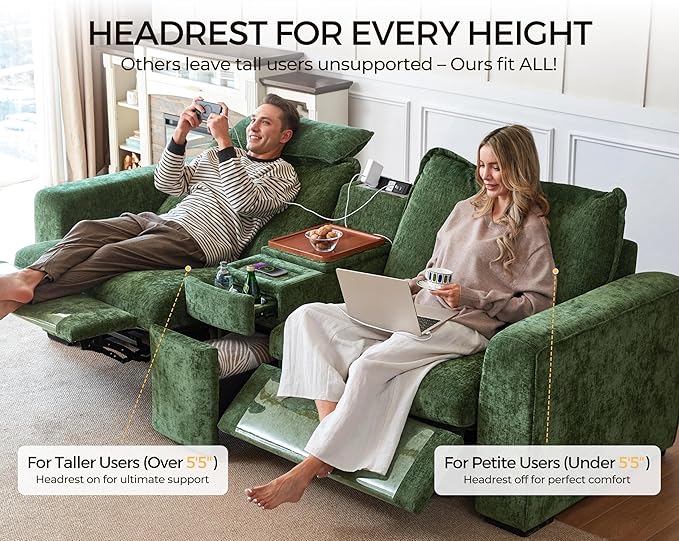 174.4'' Oversized Modular Power Recliner Sofa with Headrest, Deep Cloud Couch with Table, Charging Cup Holders, Convertible U-Shaped 6-Seater Sectional with 2 Storage Ottomans, Chenille, Green