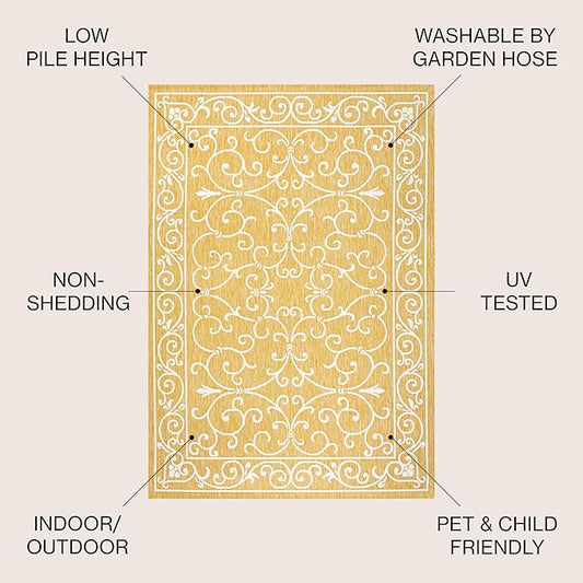 JONATHAN Y Vintage Filigree Indoor Outdoor Round Area Rug 5 Ft Yellow/Cream, Charleston Textured Weave for Backyard, Patio, Porch, Easy-Cleaning, High Traffic, Pet-Friendly, Non-Shedding (SMB106L-5R)