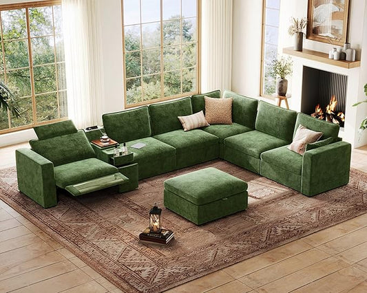 169.7" Oversized Modular Power Recliner Sofa with Headrest, Wall Hugger Cloud Reclining Couch, Drawer Charging Cup Holders, Deep 7-Seater Sectional with Corner and Storage Ottoman, Chenille, Green