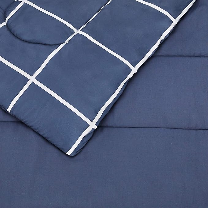 Amazon Basics Lightweight Microfiber Comforter Set with Sheets, 7-Piece, Bed-In-A-Bag, Full/Queen, Navy with Grey Plaid, Machine Washable