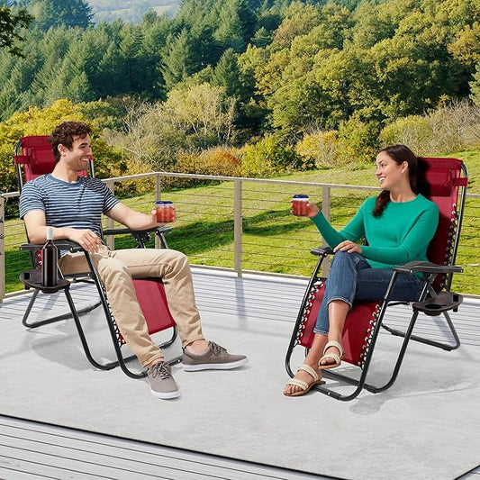 Elevon Zero Gravity Chair Set of 2 with Cup Holder & Removable Pillows, Adjustable Reclining Outdoor Patio Folding Chairs Portable Lounge Chair Furniture for Poolside, Lawn, Beach, Camping, Red