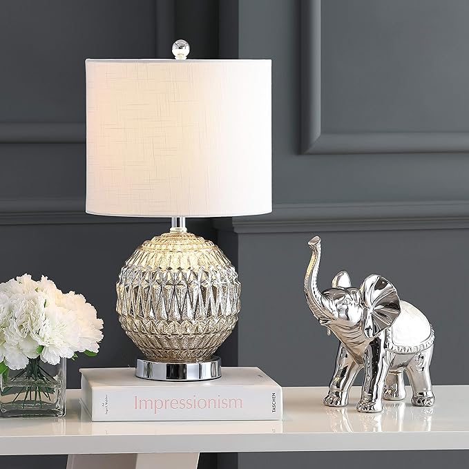 JONATHAN Y 20.5" Silver Mercury Glass Table Lamp, Contemporary Chrome Sphere Metal Base with Ivory Linen Shade for Bedroom Living Room Nightstand, LED Bulb Included JYL1041A