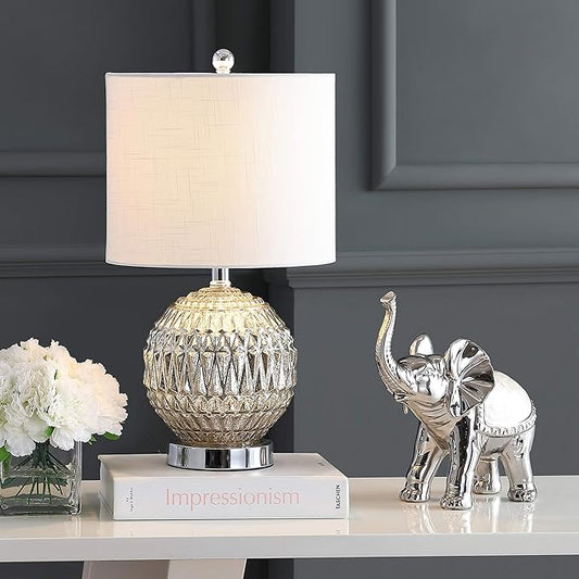 JONATHAN Y 20.5" Silver Mercury Glass Table Lamp, Contemporary Chrome Sphere Metal Base with Ivory Linen Shade for Bedroom Living Room Nightstand, LED Bulb Included JYL1041A
