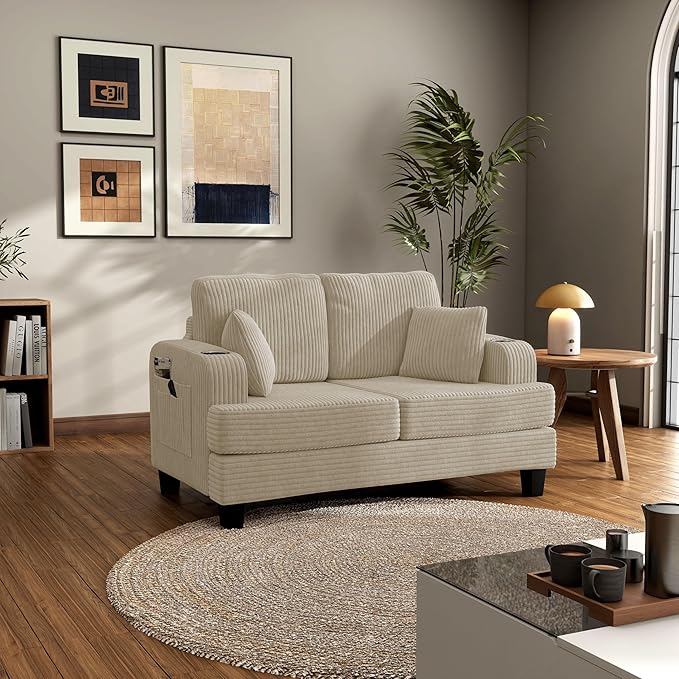 Homes: Inside + Out Reese Modern Plush Chenille Comfortable Loveseat with Side Pockets, Cup Holders and Pillows, Wooden Soft Couch for Living Room, Bedroom and Office, Beige
