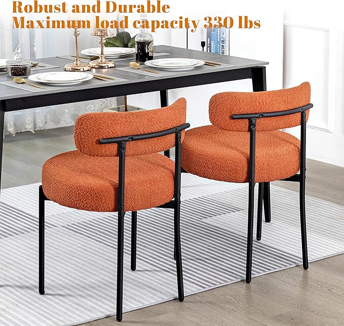 DYHOME Dining Chair One Chair for Kitchen Dining Room,Upholstered Modern Boucle Dining Chair with Black Metal Legs Curved Backrest, Orange