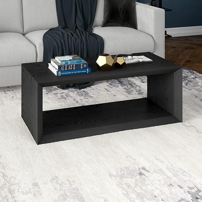 Henn&Hart 48" Rectangular Wood Coffee Table with Open Storage Shelf for Living Room, Family Room, or Office, Natural Black