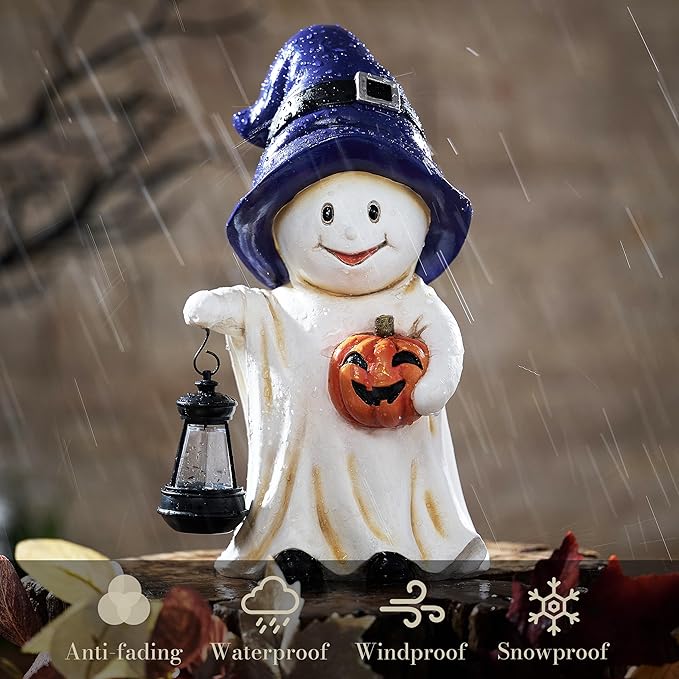 TERESA'S COLLECTIONS Halloween Decorations, Ghost Decor, Medium Ghost with Solar Light, Waterproof Resin Halloween Decor, Party Gifts Indoor/Outdoor