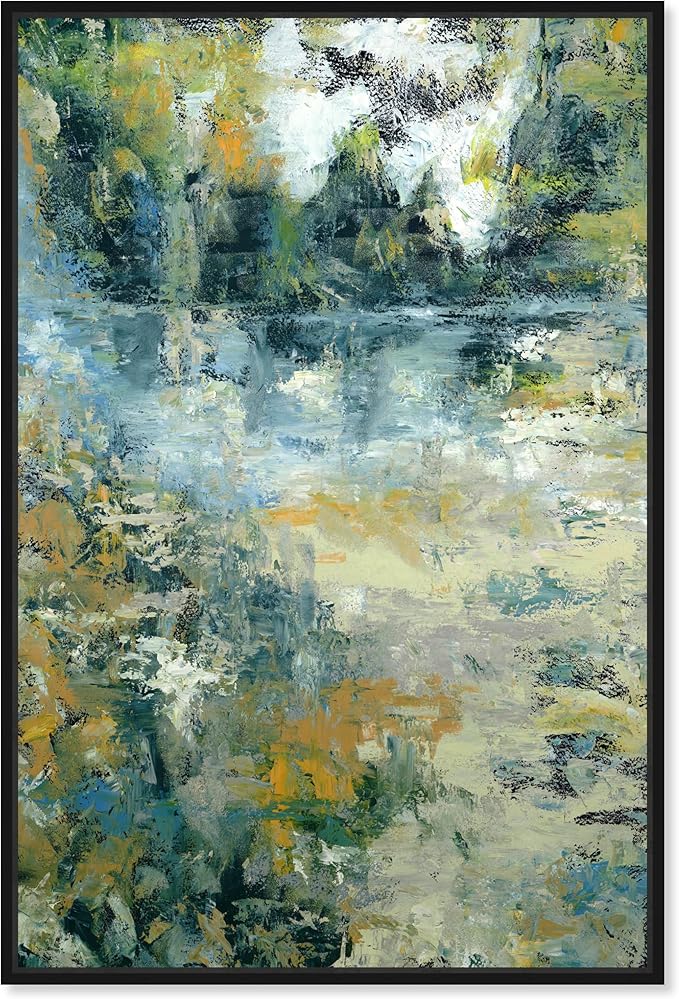 Art Remedy Green Moss Monet Garden Green Abstract Canvas Wall Art, Black Floater Frame, 10"x15"