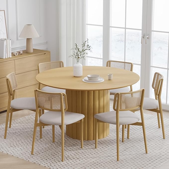 Casaphoria 52" Round Dining Table, Modern Kitchen Table for 6, Undercut Edge Top & Cylinder Wide Strip Convex Leg, Farmhouse Dinner Table for Living Room, Kitchen, Bar, Easy Assembly, Oak