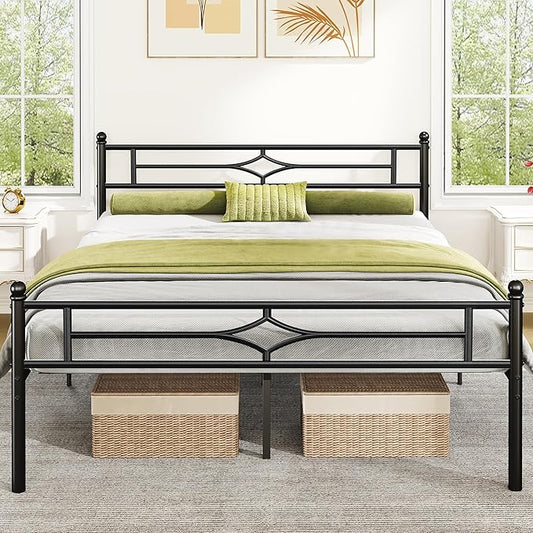 Queen Size Metal Platform Bed Frame with Vintage Headboard and Footboard, Sturdy Queen Bed Frame, 12.5 Inch Under Bed Space, No Box Spring Needed, Easy to Assemble, Noise Free, Black