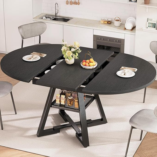 Round Dining Table Kitchen Dining Room Dinner Table for 4-6, Space Saving Extendable Oval Circle Furniture with Pedestal Base and Storage Shelf for Kitchen Living Room (Black, for 6-8)