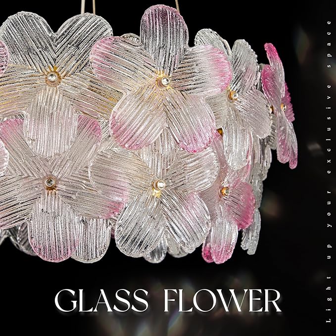 Modern Pink Flower Chandelier 20'' Gold Crystal Light Fixture Dimmable LED Ceiling Pendant Lighting with Remote Control Contemporary for Dining Room Entryway Bedroom Kitchen(3000K-6500K)