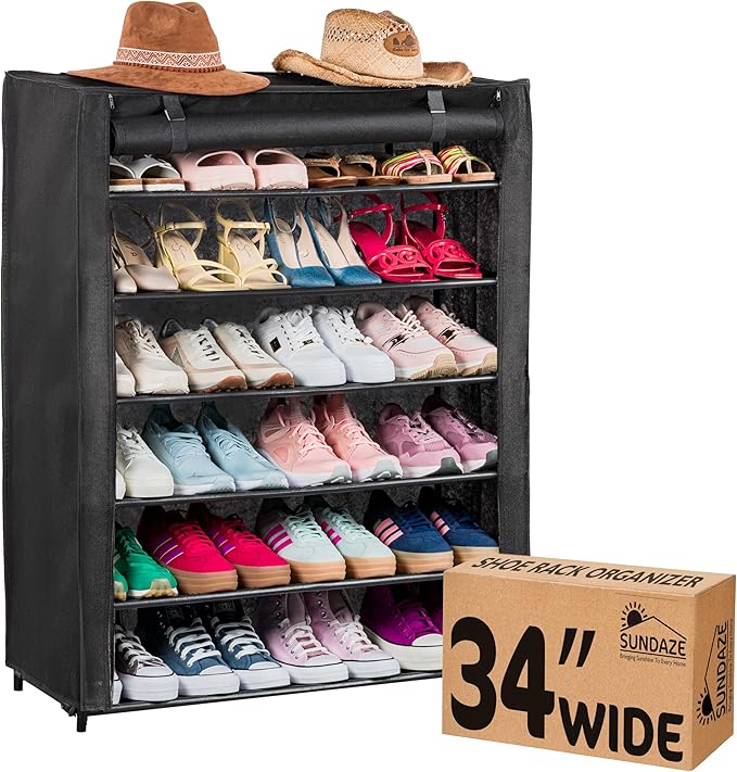 Sundaze Shoe Rack with Cover - 6 Tier Shoe Rack for Front Door Entrance, Sturdy Tall Shoe Organizer for Bedroom, Closet, Garage, Non Woven Fabric Shelf, Black, Holds Up to 30 Pairs