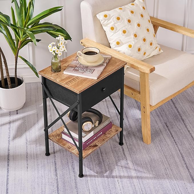 VECELO Nightstand, X-Design End Side Table with Fabric Storage Drawer and Open Shelf, Bedside Night Stand with Steel Frame for Bedroom, Living Room,Dorm, Easy Assembly,Walnut Brown