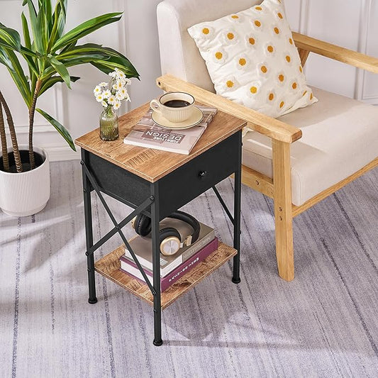 VECELO Nightstand, X-Design End Side Table with Fabric Storage Drawer and Open Shelf, Bedside Night Stand with Steel Frame for Bedroom, Living Room,Dorm, Easy Assembly,Walnut Brown