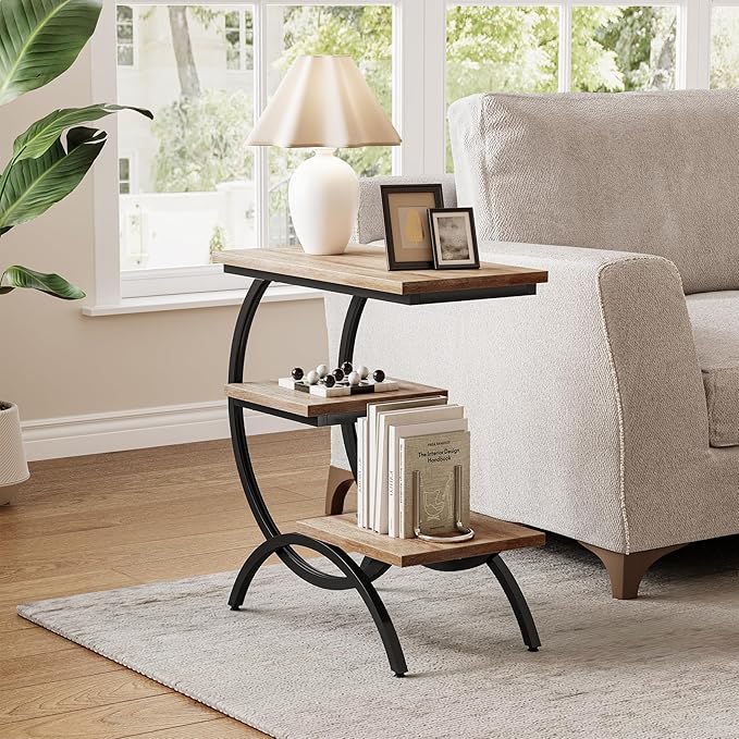 LITTLE TREE End Table, Narrow End Table with 3 Storage Shelves, Industrial C-Shaped Small Sofa Side Table for Living Room, Wood Slim Snack Table with Black Metal Frame, Oak