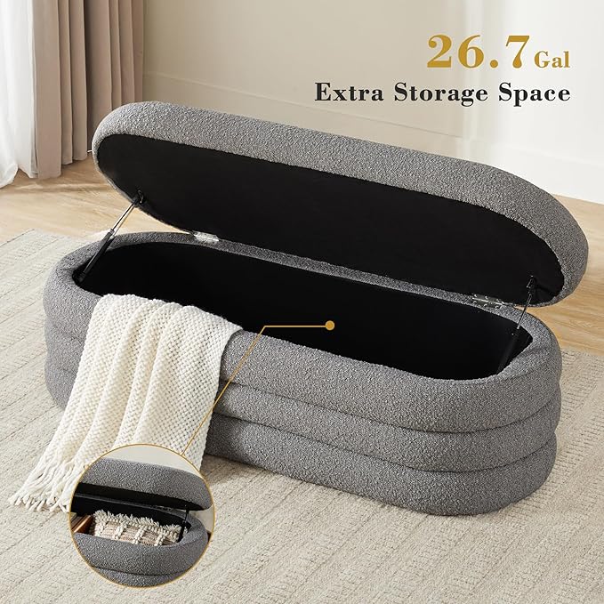 Boucle Storage Ottoman Bench for Bedroom 49.2 Inch Upholstered Modern Bedroom Bench with Storage Oval Large End of Bed Bench with Storage for Living Room, Entryway(Gray)