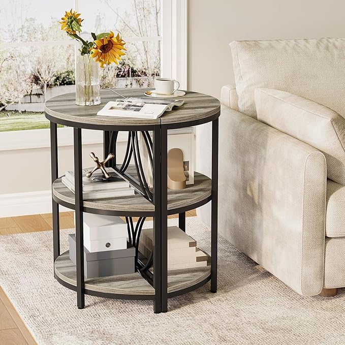 LITTLE TREE Small Half-Round Side Table Set of 2, 3-Tier Grey Wooden Accent Table for Living Room, Bedroom, Sofa