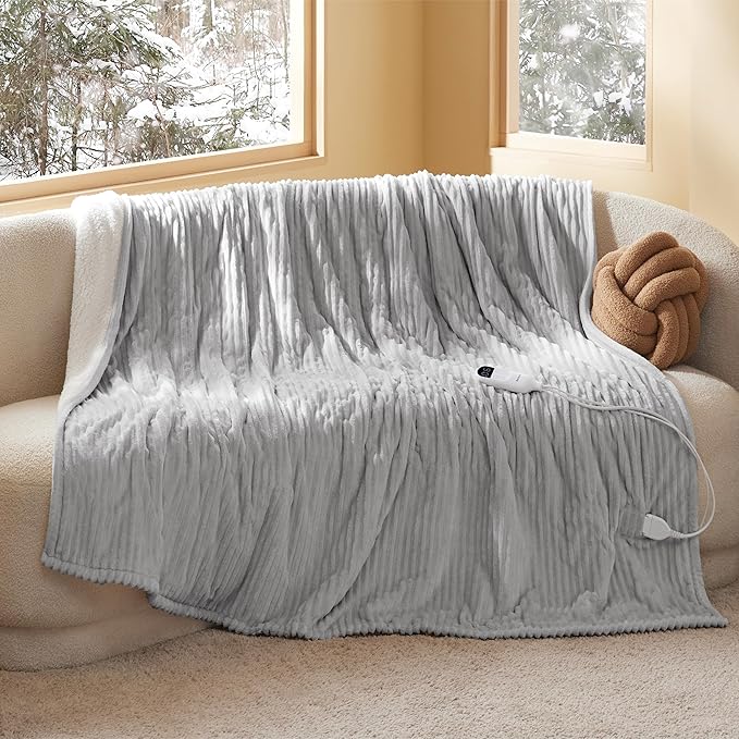 Bedsure GentleSoft Electric Blanket Full Size - Soft Ribbed Flannel Heated Blanket with 6 Heat Settings, Heating with 10 Time Settings, 8 hrs Timer Auto Shut Off (72x84 inches, Light Grey)