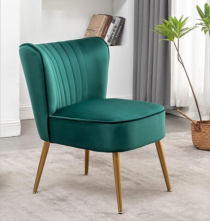 Modern Velvet Accent Chair for Living Room, Bedroom, or Entryway, Stylish and Comfortable Armless Design with Metal Legs, Green