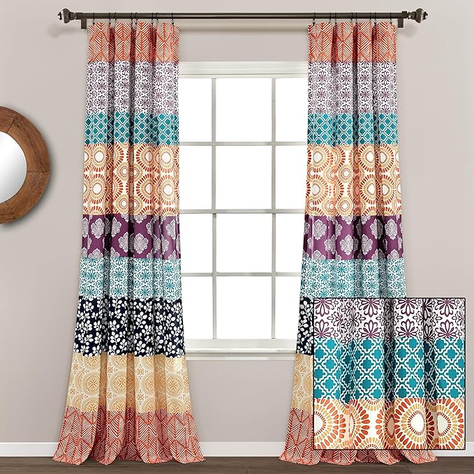 Lush Decor Bohemian Stripe Window Curtain Panels, Pair 52" W x 108" L Fuchsia & Orange - Light Filtering Curtains for Bedroom - Boho Curtains - Maximalist Decor